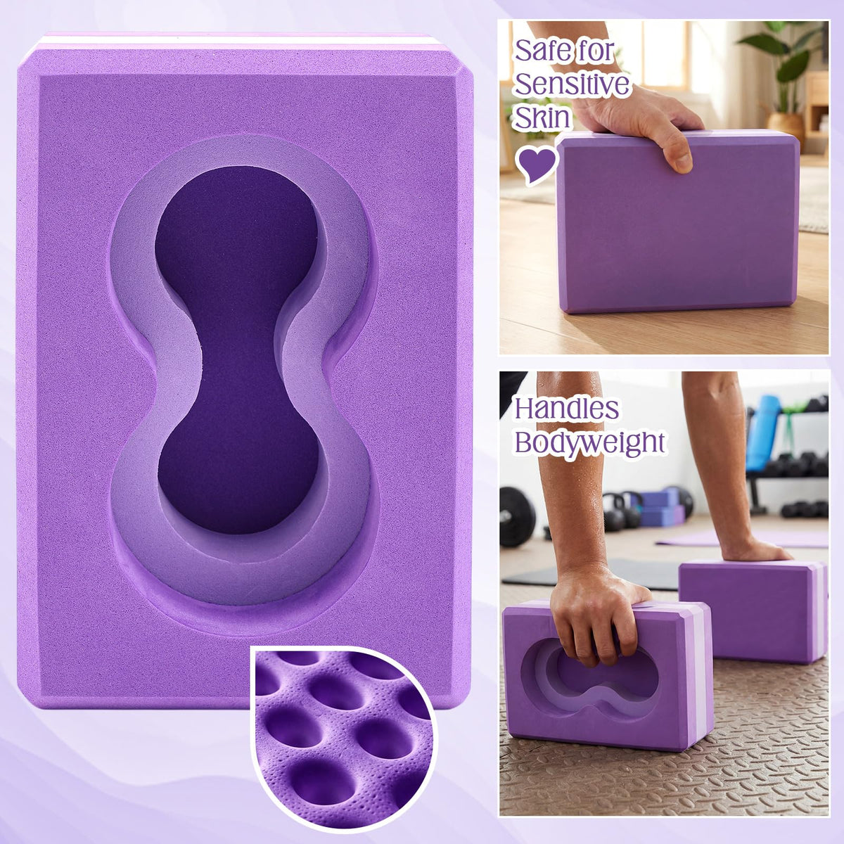Yoga Blocks 2 Pack for Wrist Relief Yoga Blocks Wrist Support Set with Knee Pads and Strap Improve Comfort and Grip, Nonslip EVA Foam Pilates Exercise Balance Stretching Accessories Meditation(Purple)