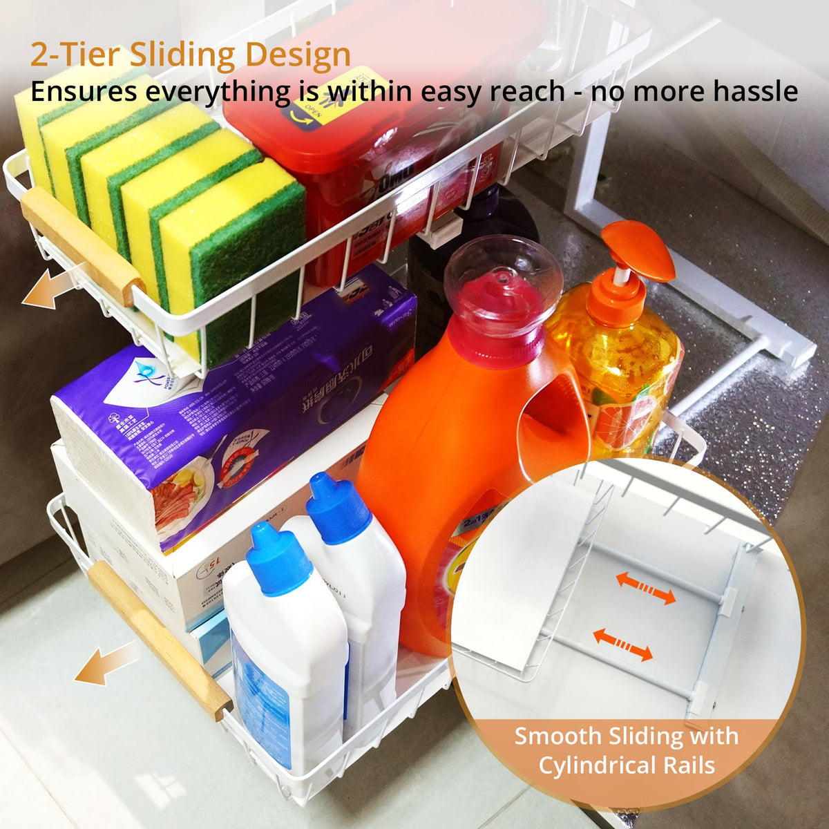 whalenoble Under Sink Organizer 2 Pack, 2 Tier Pull Out Cabinet Organizers and Storage for Kitchen Bathroom Pantry Laundry, Adjustable Height, Slide Out Thickened Metal Storage Shelf (Black, 2 Pack)