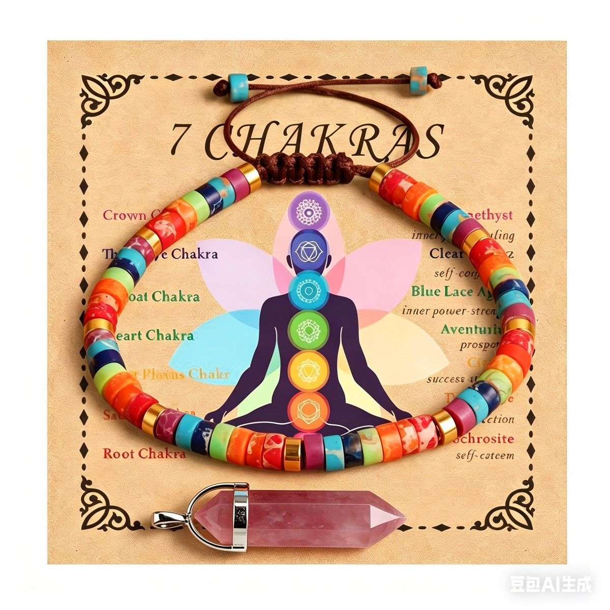 7 Chakra Natural Spiritual Crystal Gemstone Bracelet & Pink Crystal Healing Pendant，for Yoga Meditation, Anxiety Relief Positive Energy, Spiritual Relaxing Gift for Women Mom Birthday Mothers Day Gifts