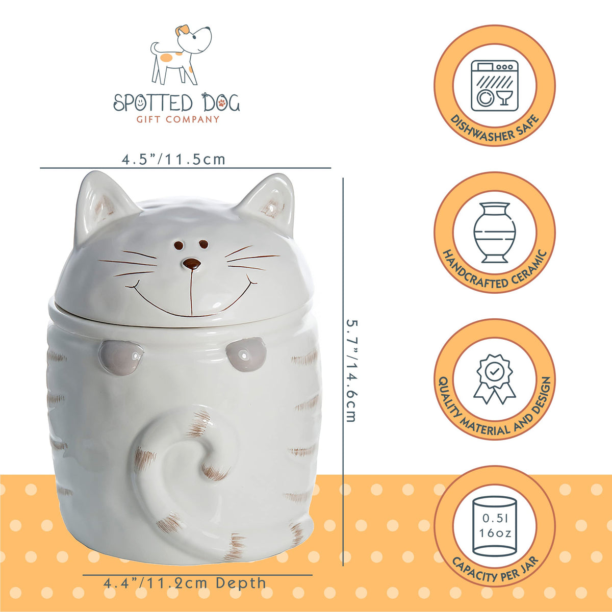 SPOTTED DOG GIFT COMPANY Ceramic Jar with Lid for Countertop, Cat Treat Container, Cute Decorative Kitchen Storage Jar for Tea Coffee Sugar, Gifts for People Who Love Cats, White 16oz