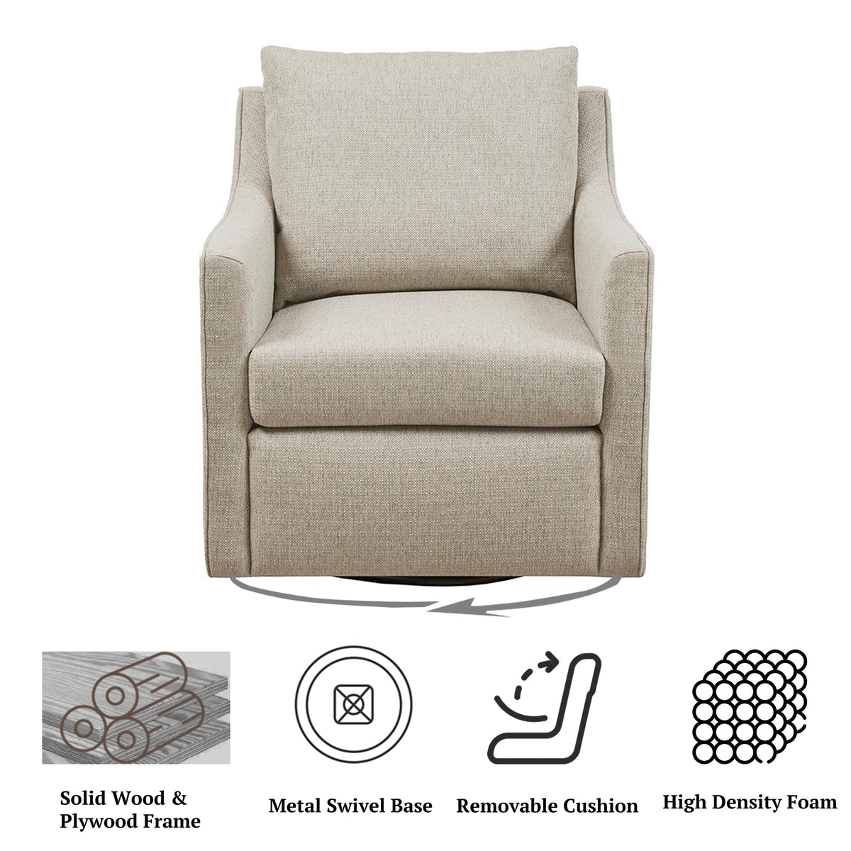 Martha Stewart Amber Swivel Chair for Living Room Barrel Style Bedroom Lounge Removable Foam Seat Cushion Upholstered, Nursery Furniture, Metal Base, Fully Assembled, 30.5" D x 30" W x 35" H, Natural