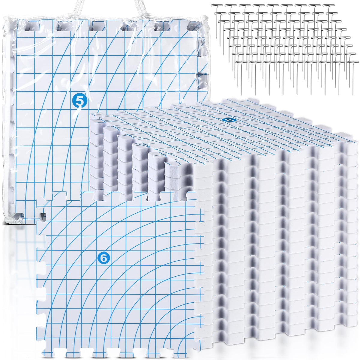 Threehoney 16 Pcs Thick Blocking Mats for Knitting Interlocking Blocking Boards with Grids, 250 T Pins and Storage Bag for Needlework Needlepoint Crocheting Supplies