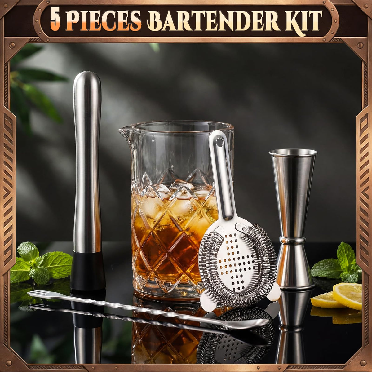 Zhehao 5 Pieces Cocktail Mixing Glass Set, Bar Cocktail Mixing Kits for Bartender 23oz Crystal Thick Bottom Glass with Muddler, Jigger, Strainer and Spoon Gifts for Men Amateurs Home & Party Supplies