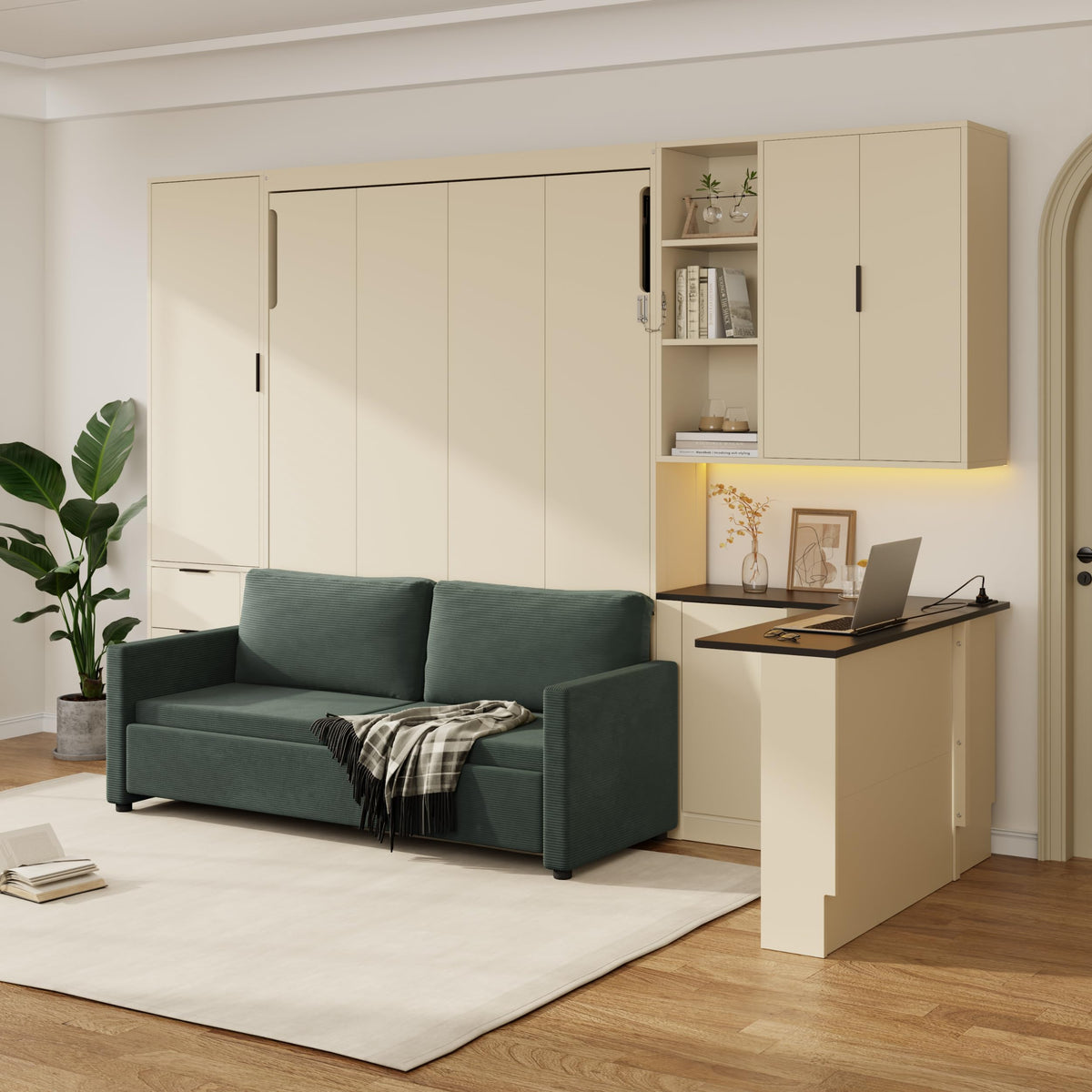 Merax Farmhouse Multi-Functional Murphy Bed with Sofa, Desk & Storage Cabinet,Solid Wood Foldable Wall Bed with/w/USB Charging Station Space Saving/No Box Spring Needed/Queen, Beige + Green