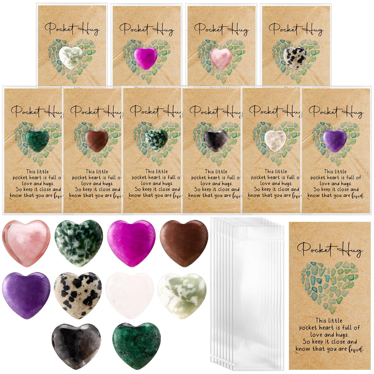 Nosiny 15 Sets Heart Stones Bulk Mother's Day Gift for Women Pocket Hug Token 0.8'' Natural Heart Crystals and Healing Stones with Card Employee Coworker Volunteer Nurse Graduation Meditation Gift