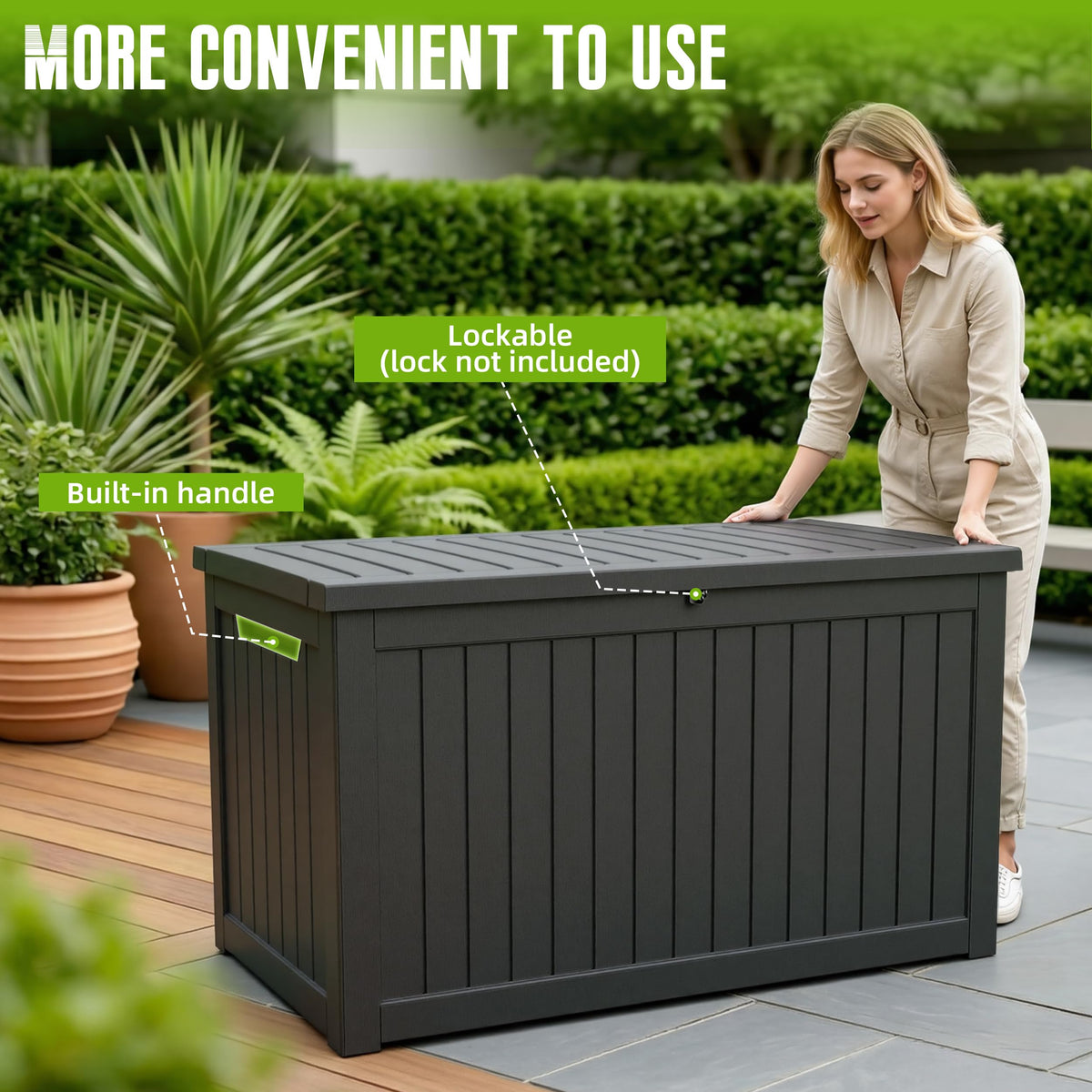 DRATO 280 Gallon Deck Boxes Outdoor Waterproof, Resin Large Lockable Storage Box with Lid, Outdoor Storage Bench Patio Cushions Furniture, Garden Tools, Pool Accessories(Black, 280 Gallon)