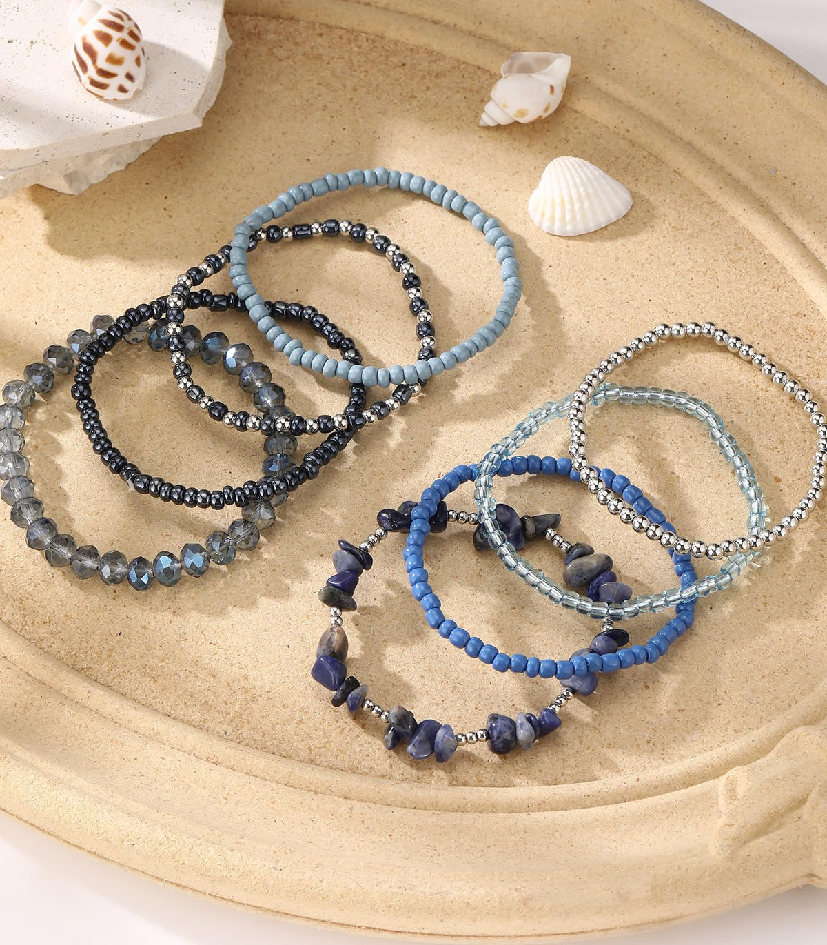 Noessla Boho Beaded Bracelets for Women Stackable Irregular Natural Stone Bead Stretch Bracelet Set 8PCS Costume Jewelry Gifts for Her(Navy Blue)