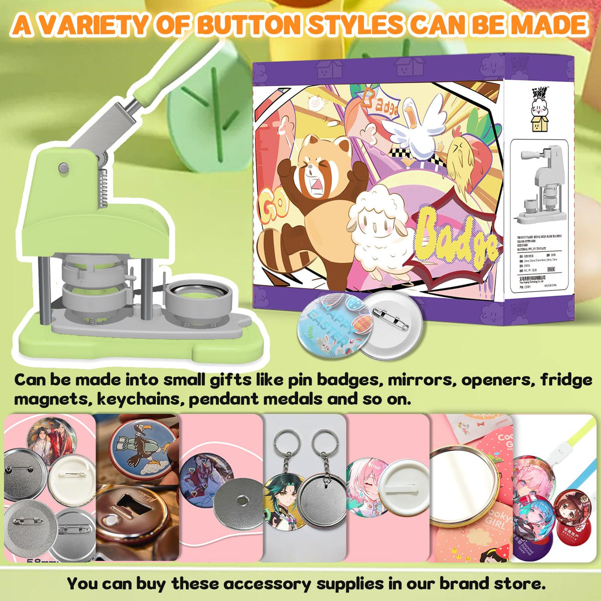 Green 58mm (2.25in) 5th Gen Button Maker Machine - Installation-Free DIY Pin Badge Press with Free Button Parts, Circle Cutter, Cutting Mat, Color Film & Pictures
