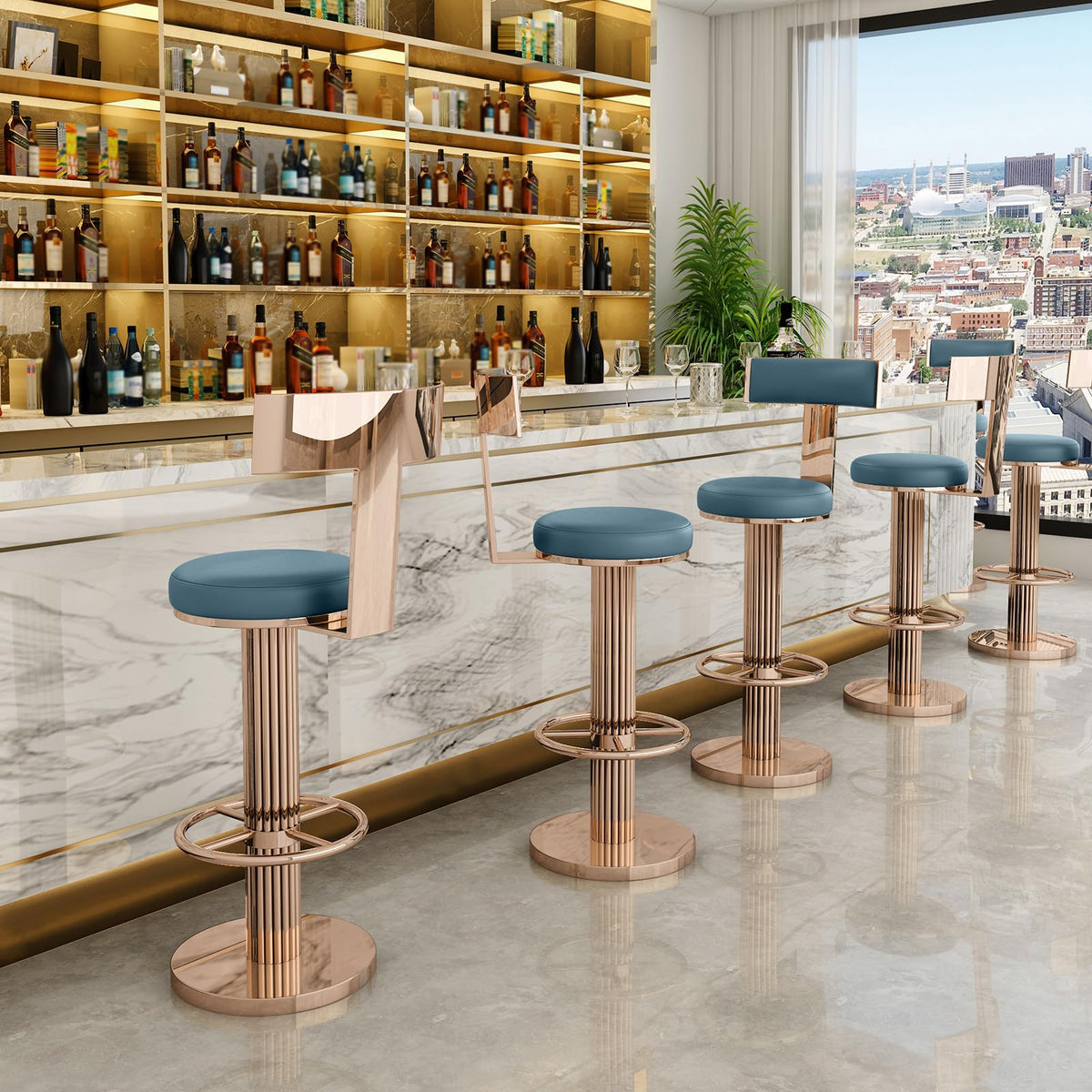 FUNROLUX Swivel Bar Stools with Backrest, Modern Adjustable Height Counter Stool with Stainless Steel Legs and Comfortable Cushion, Rose Bar Chairs for Kitchen Island Counter (Blue)