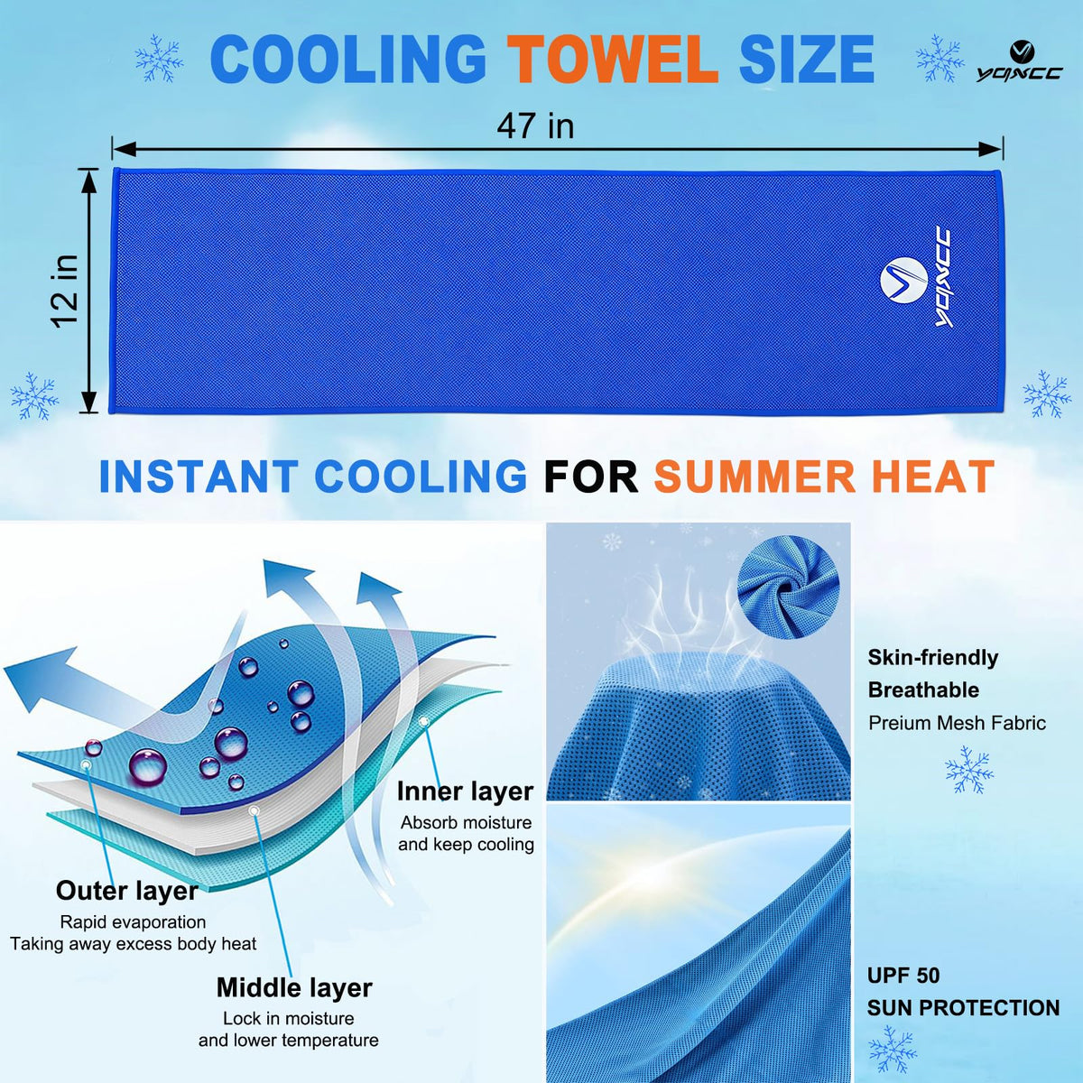 YQXCC Cooling Towels | 4 Pack 47"x12" | Ice Cool for Neck | Microfiber Soft Breathable Chilly | for Yoga, Sports, Golf, Gym, Camping, Running, Fitness, Workout & More Activities