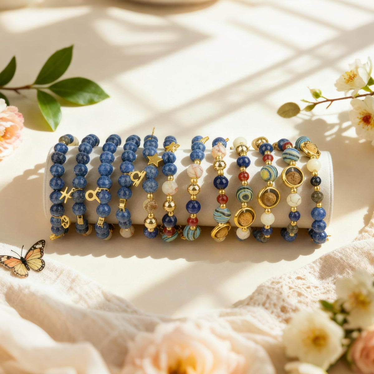 Zodiac Sign Bracelet for Couples – 12 Constellations Natural Stone Jewelry with Black Glass, Lapis Lazuli, Goldstone, White Howlite, Picture Jasper, Malachite, Red Agate & Blue Sodalite – Lucky Energy Gift (Aquarius - Blue)