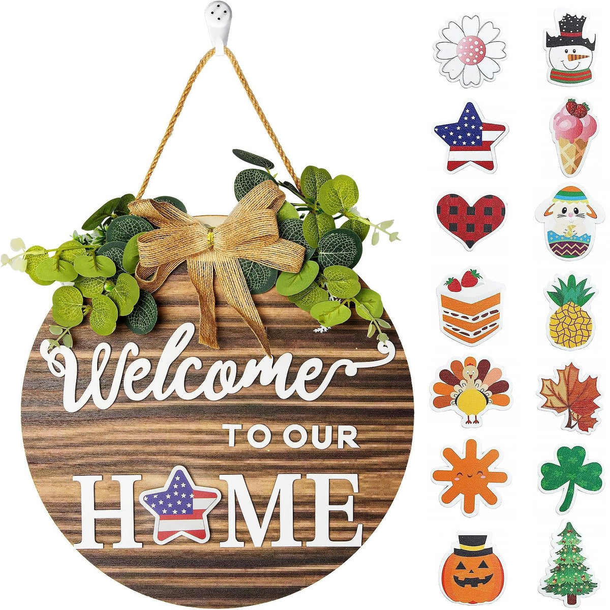 Welcome Sign For Front Door 3D Decor Interchangeable Seasonal Rustic Round Wooden Wreaths Wall Hanging Plaque Outdoor Farmhouse Porch for Spring Summer Fall All Seasons Holiday Halloween Christmas