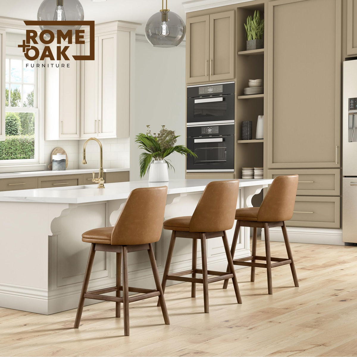 ROME + OAK Rowan 26 Inch Swivel Counter Height Stool in Walnut Finish with Brown Vegan Leather Upholstery Seat - Kitchen or Dining Room Furniture