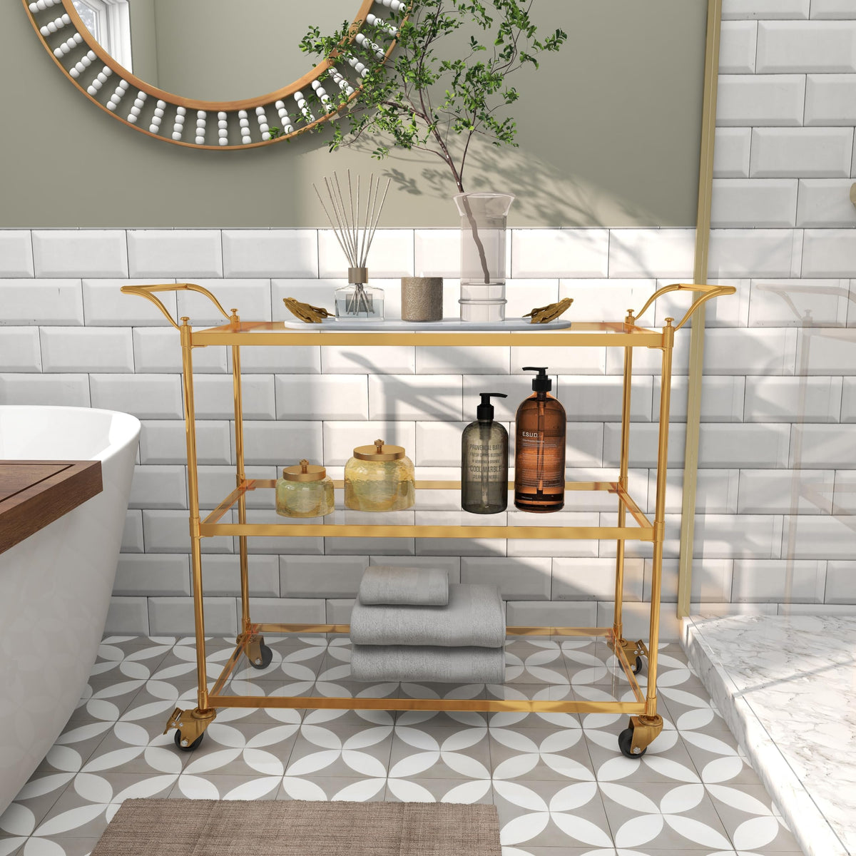 Deco 79 Metal Rolling 3 Glass Shelves Bar Cart with Lockable Wheels, 38" x 14" x 31", Brass