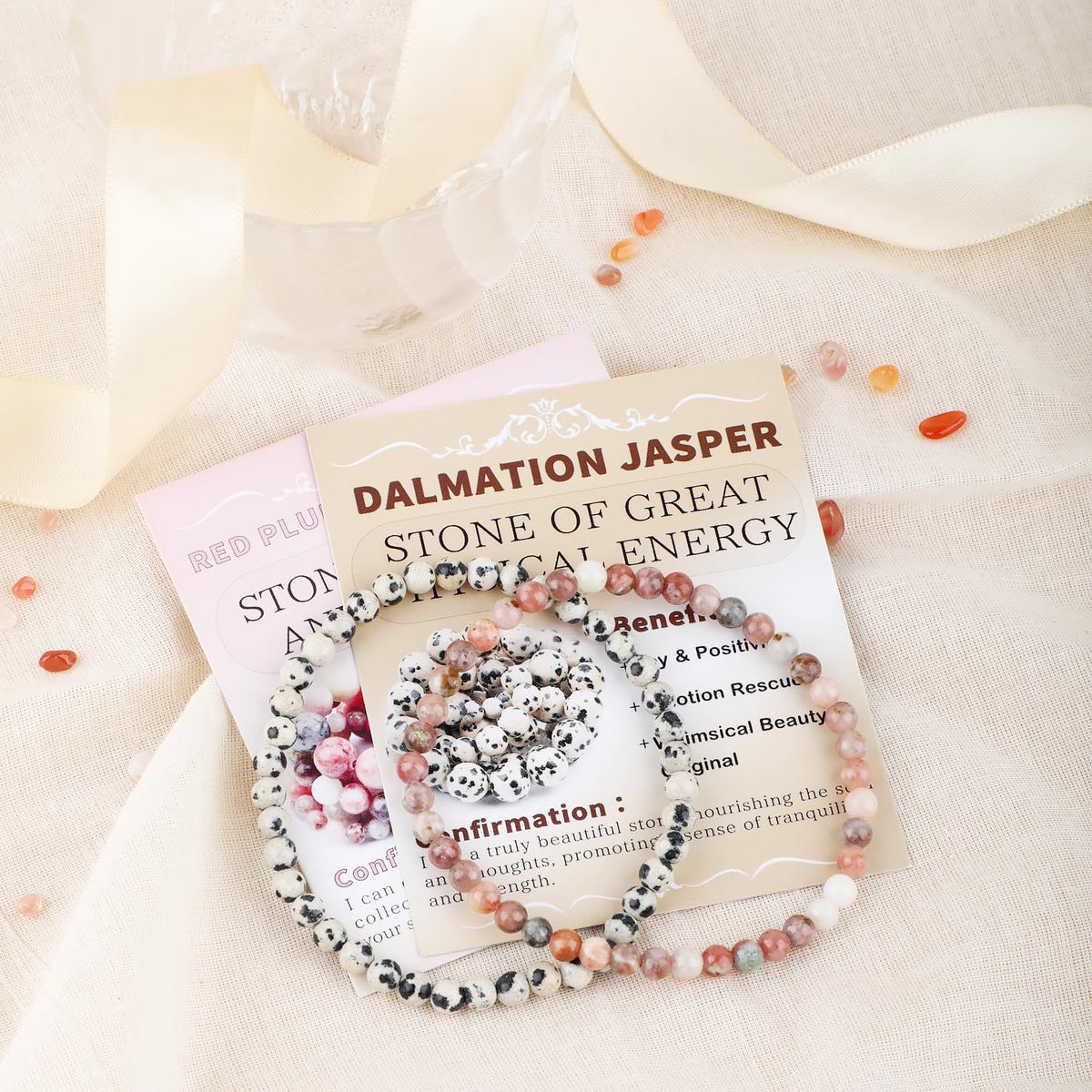 NCB 2-Piece 4mm Natural Crystal Gemstone Stretch Bracelets – ﻿Dalmation Jasper, Red Plum Blossom Stone Handmade Reiki Energy Healing Jewelry for Meditation,Yoga, Unisex