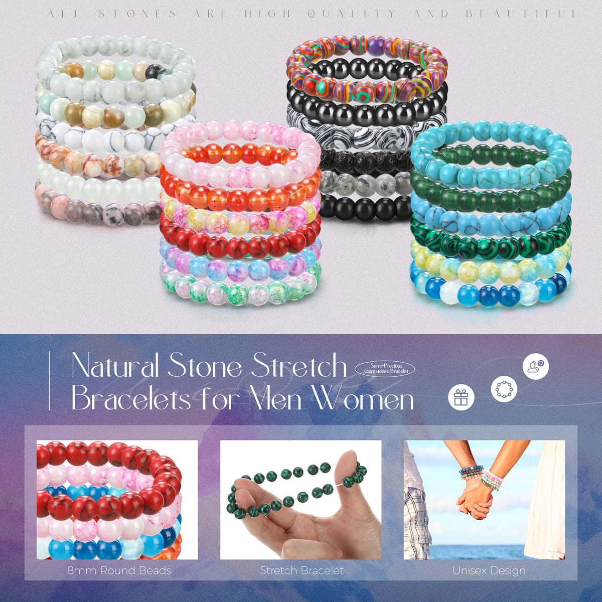 Landical 24 Pcs 8mm Gemstones Beaded Bracelets for Men Women Stretch Round Bead Bracelets Set Healing Crystal Stone Bracelets Semi Precious Bracelets