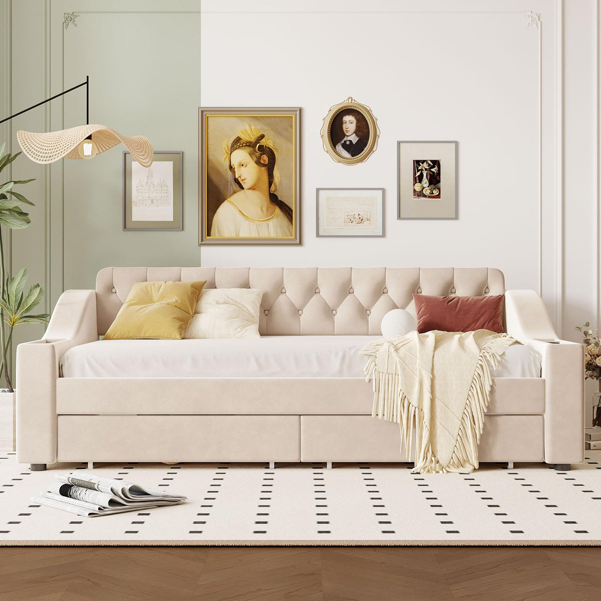 Acosure Twin Size Upholstered Daybed with 2 Large Drawers and USB Port,Bed Frame W/Armrests & Wood Slat Spport,for Bedroom,Apartment,Guest Room,Beige