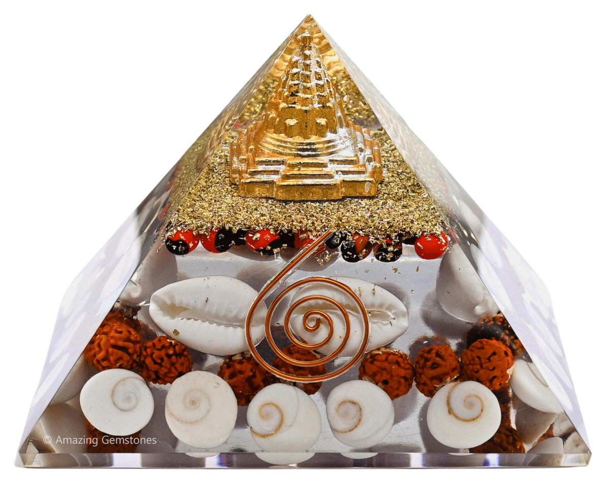 Amazing Gemstone Laxmi Yantra Orgone Pyramid Gomati Chakra, Rudraksha, Cowrie Kodi Maha Laxmi Pyramid Crystals and Healing Stones - Authentic Orgonite & Organite Gifts for Home Vastu Stone