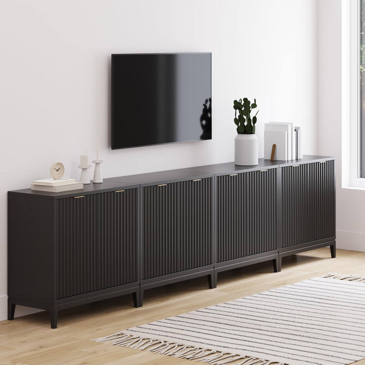 Nathan James Jasper Modern Sideboard, TV Stand with Fluted Doors, Accent Storage for Kitchen or Living Room, Black Oak, Set of 4