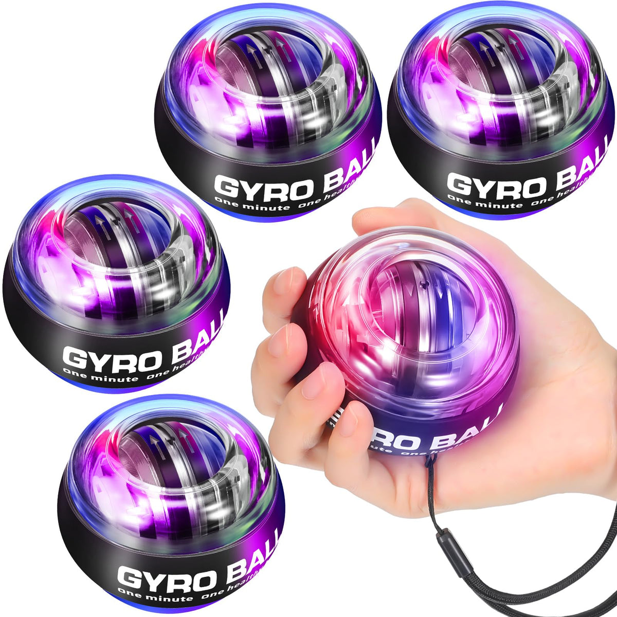 Glimin 4 Pcs Wrist Trainer Ball Auto Start Hand Gyro Ball Wrist Strengthener Self Starting Forearm Exerciser with Bag and Strap for Strengthening Arms Fingers Wrist Training (Black,Lighted)