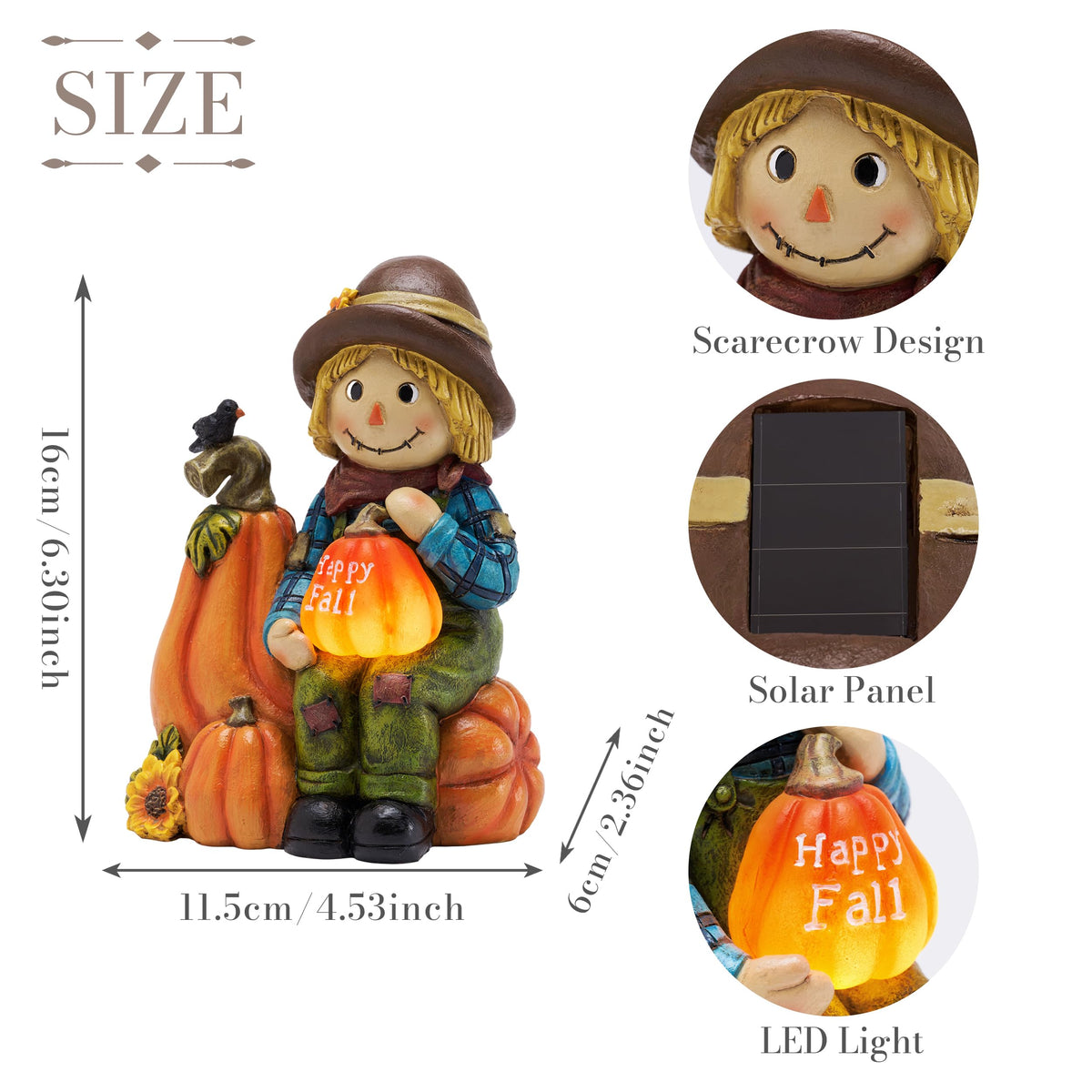 TERESA'S COLLECTIONS Fall Decor, Scarecrow Decor, Autumn Scarecrow Holding Pumpkin with Solar Lights, Waterproof Resin Outdoor Fall Decor, Fall Gifts Outdoor/Indoor,6.3"