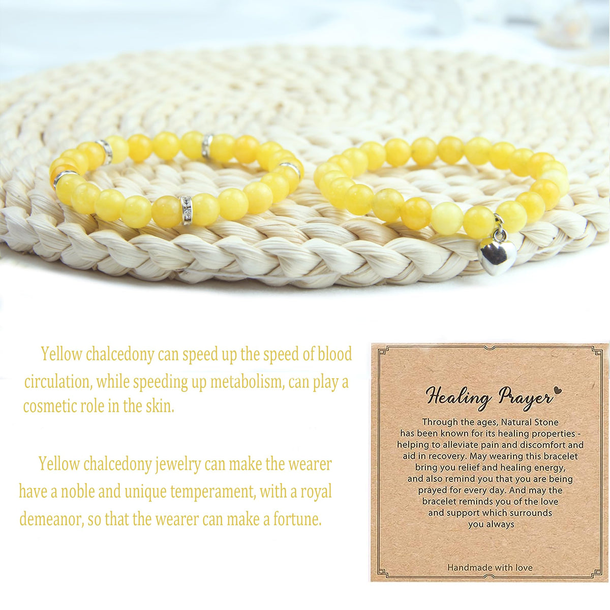 GDLKPYHS Healing Bracelets for Women - Citrine Bracelet - Healing Prayers Crystal Bracelet, 8mm Natural Stone Stress Relief Yoga Beads Get Well Soon Gifts