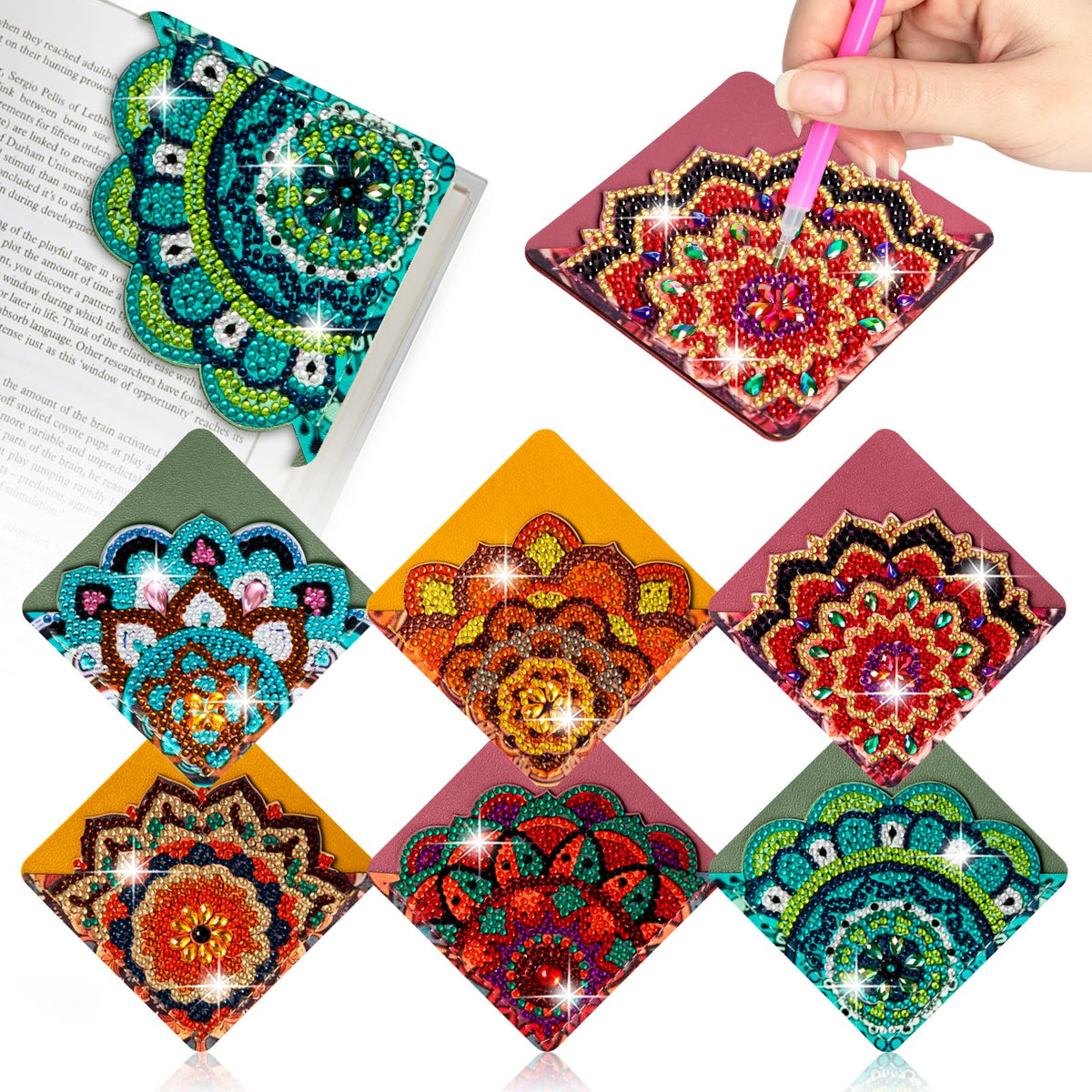 WIVICO 6 pcs Diamond Painting Bookmarks, DIY Diamond Art Kits for Adults, Book Corner - Protecting Bookmark Craft Supplies Kits for Book Lovers(Mandala Flower)