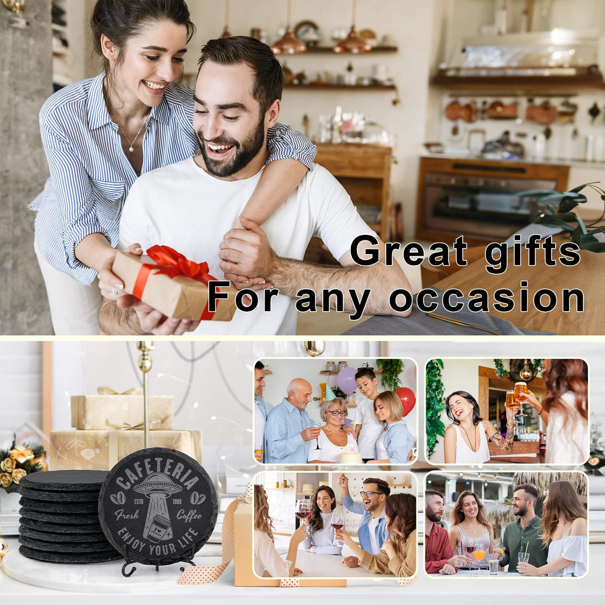 48 PCS Round Slate Drinks Coasters Bulk for Laser Engraving, MAPRIAL 4 Inch Handmade Black Rustic Stone Coaster Laser Blanks with Anti-Scratch Backing for Engraver, Wedding, Gifts, Home Decor, Bar