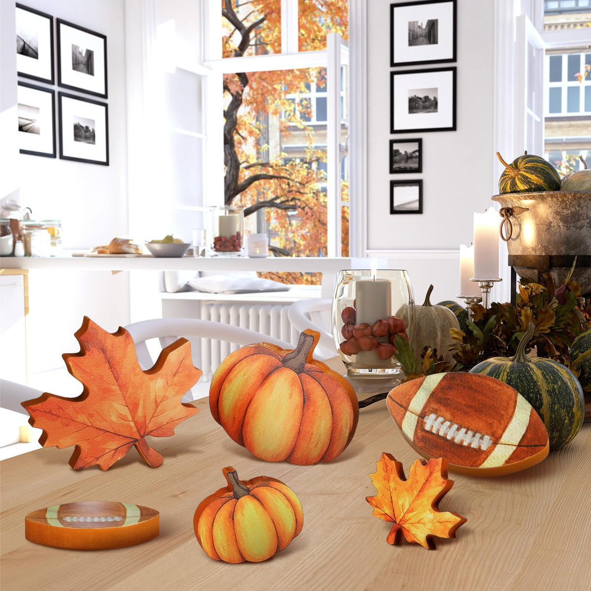 Bencailor 12 Pcs Fall Table Decor Wooden Pumpkins Maple Leaf Fall Football Tiered Tray Decor Thanksgiving Centerpiece Autumn Football Decorations for Home Kitchen Desk Office Party