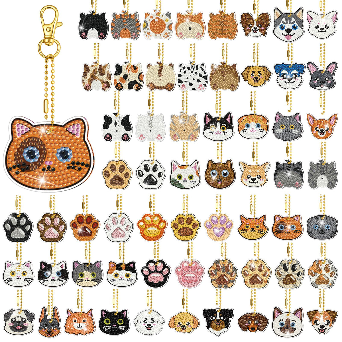 Huquary 60 Pcs Cat Dog Diamond Painting Keychain Animal Diamond Painting Keychain Kits for Aldults Double Sided 5d Rhinestones Hanging Key Chains Ornaments for Beginners DIY Crafts Party