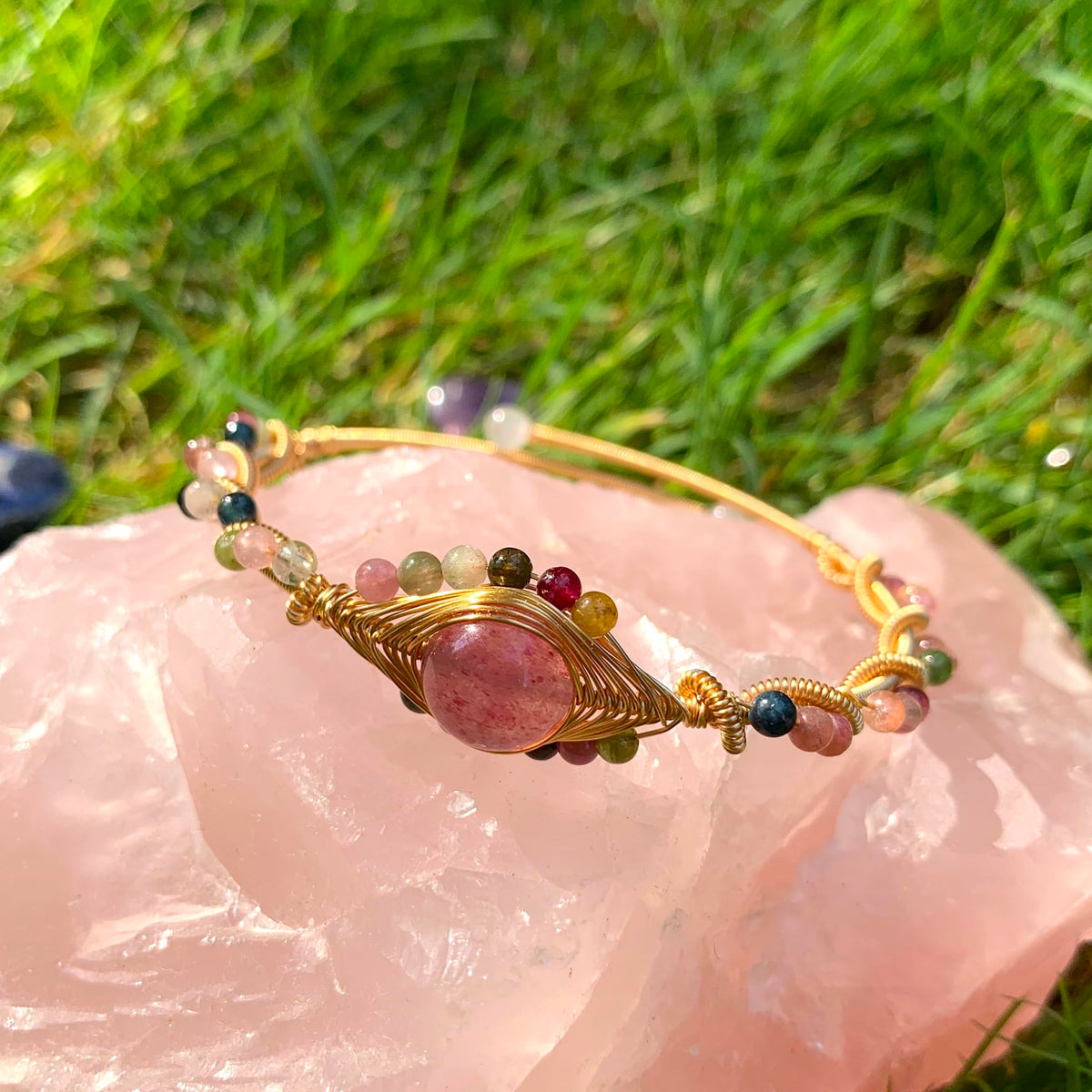 Handmade Genuine Strawberry Rose Quartz& Rainbow Tourmaline Beads 14k Gold Filled Wire Wrapped Bracelet, Birthstone Chakra Healing Gemstone Crystal Adjustable Bangle Cuff Jewelry Gift for Women