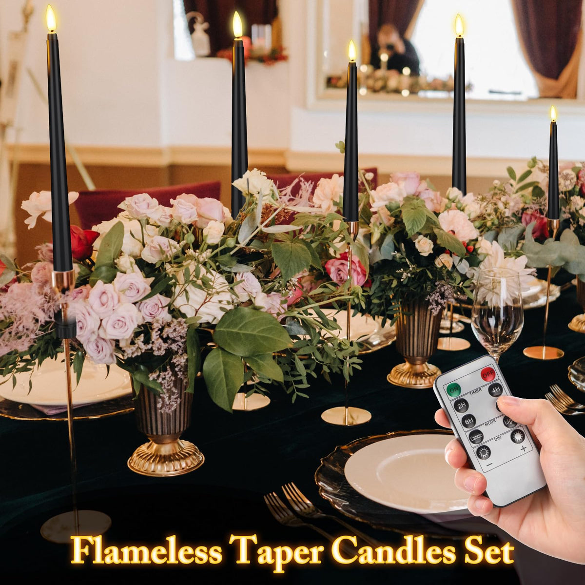 Rossesay 28 Pcs Flameless Taper Candles with Timer Remote 4 Sizes of 8.5", 9.6", 10.83", 12.8" LED Flickering Taper Candles Battery Operated for Valentine's Day Church Wedding Home Decor(Black)