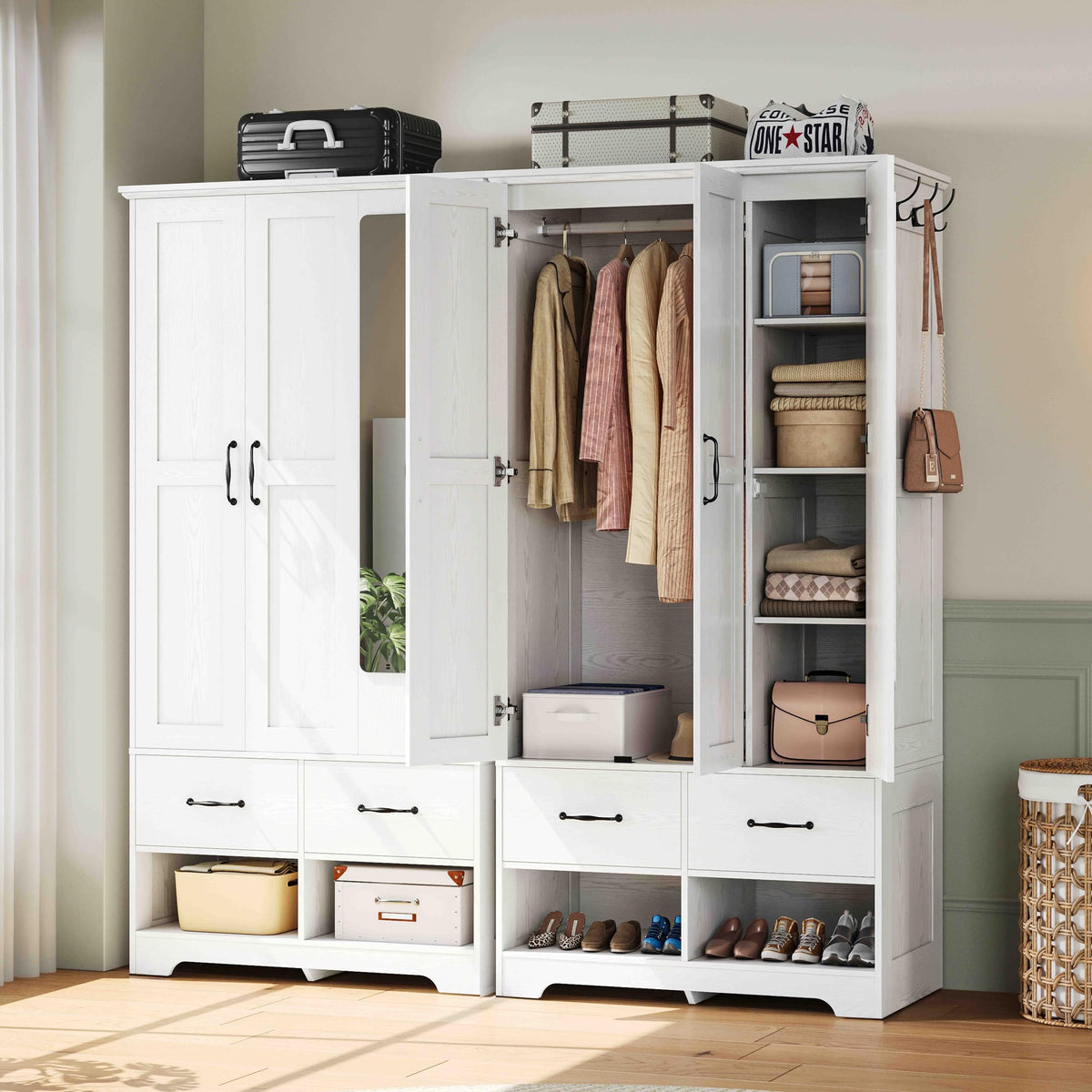 LIKIMIO 3 Doors Armoire Wardrobe Closet with Mirror, 2 Shoe Racks, 70" H Wooden Bedroom Armoires with 2 Drawers and Adjustable Shelves, Freestanding Closet Storage Cabinet with Hanging Rail, White
