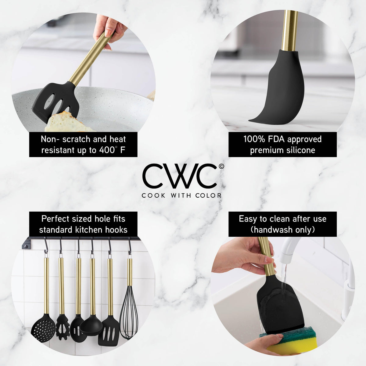 COOK WITH COLOR Silicone Cooking Utensils, Kitchen Utensil Set, Easy to Clean Silicone Kitchen Utensils, Cooking Utensils for Nonstick Cookware, Kitchen Gadgets Set with Holder, 10 Pieces