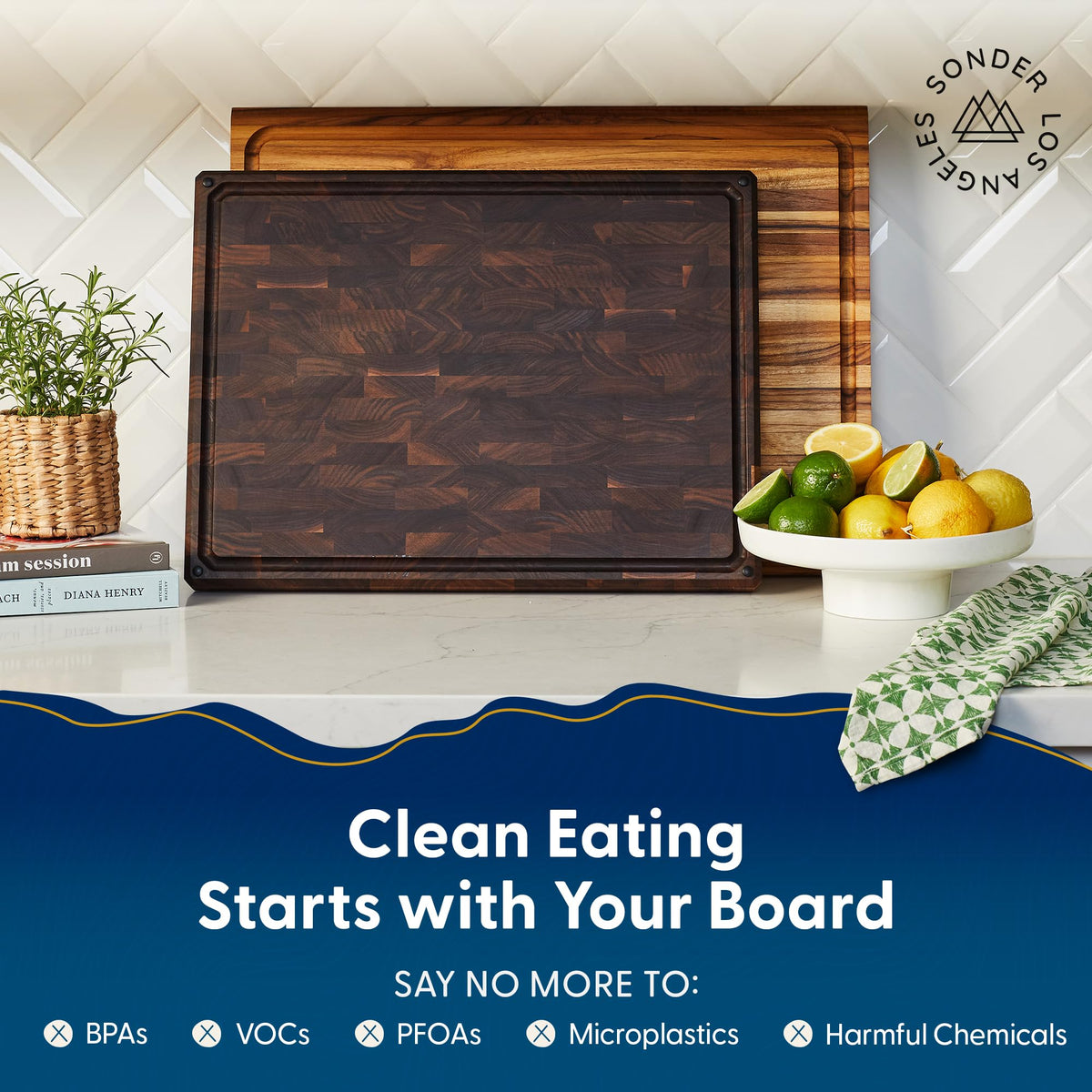 Sonder Los Angeles Welton Cutting Board Made in USA | Black Walnut End Grain Cutting Board for Kitchen with Non-Slip Feet & Juice Groove | Gift Box Included | 20x15x1.5 in