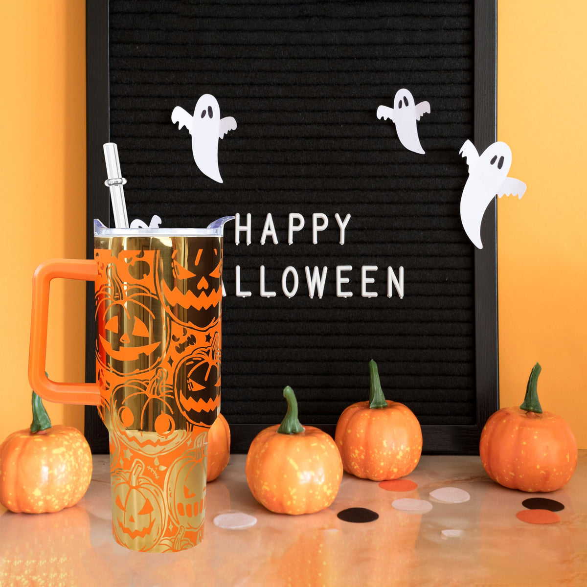 sgqjdpmc 40 oz Halloween Laser Etching Tumbler with Handle Straw Lid Pumpkin Tumbler Gifts for Women Travel Coffee Cup