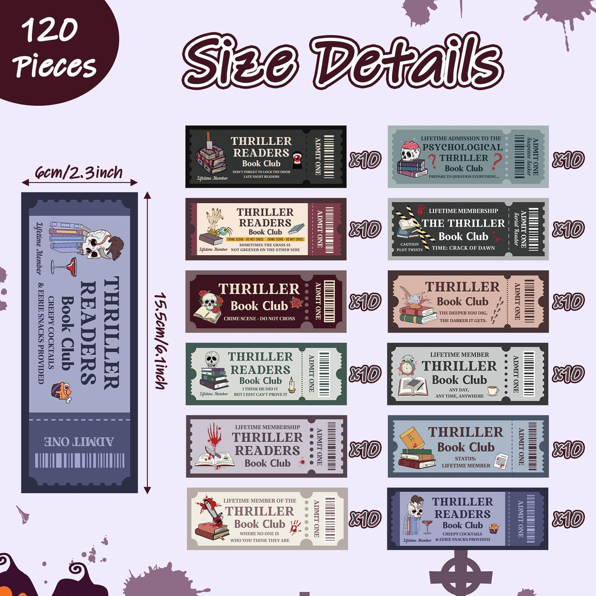 Laffact Halloween Thriller Book Club Bookmarks - 120 Horror Ticket Style Reading Tracker, Double-Sided Page Marker, Thanksgiving Christmas Birthday Bookish Gifts for Book Lover Rewards School Library