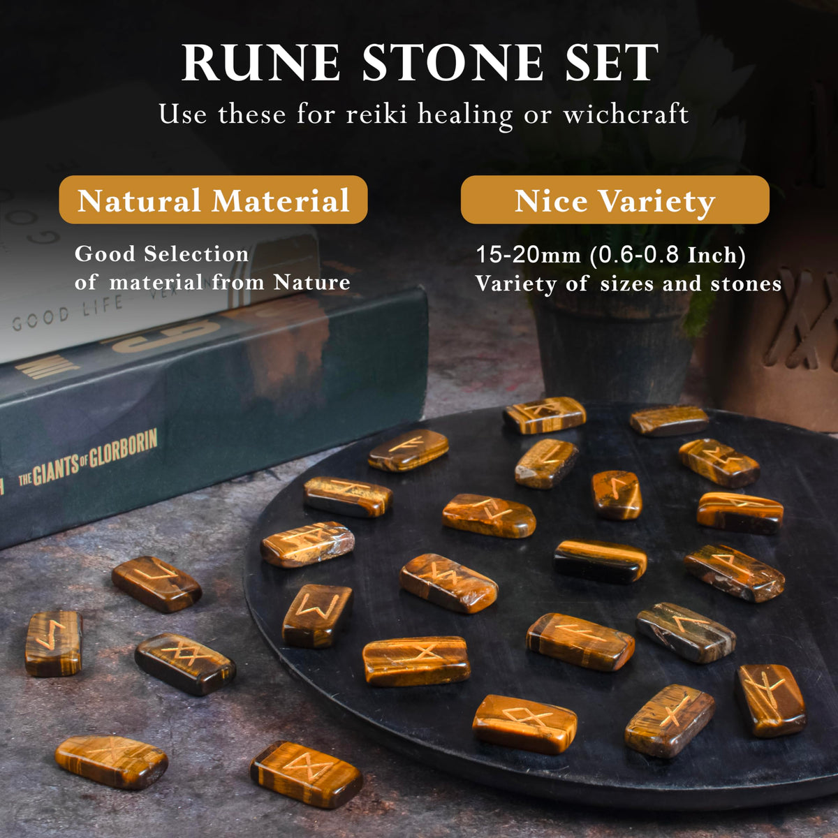 Crocon Tiger Eye Rectangle Shape Gemstone Runes with Elder Futhark Alphabet Engraved 25 pcs Rune Set Crystal Divination Metaphysical Healing Chakra Reiki Runes Set with a Pouch Size : 20-25mm