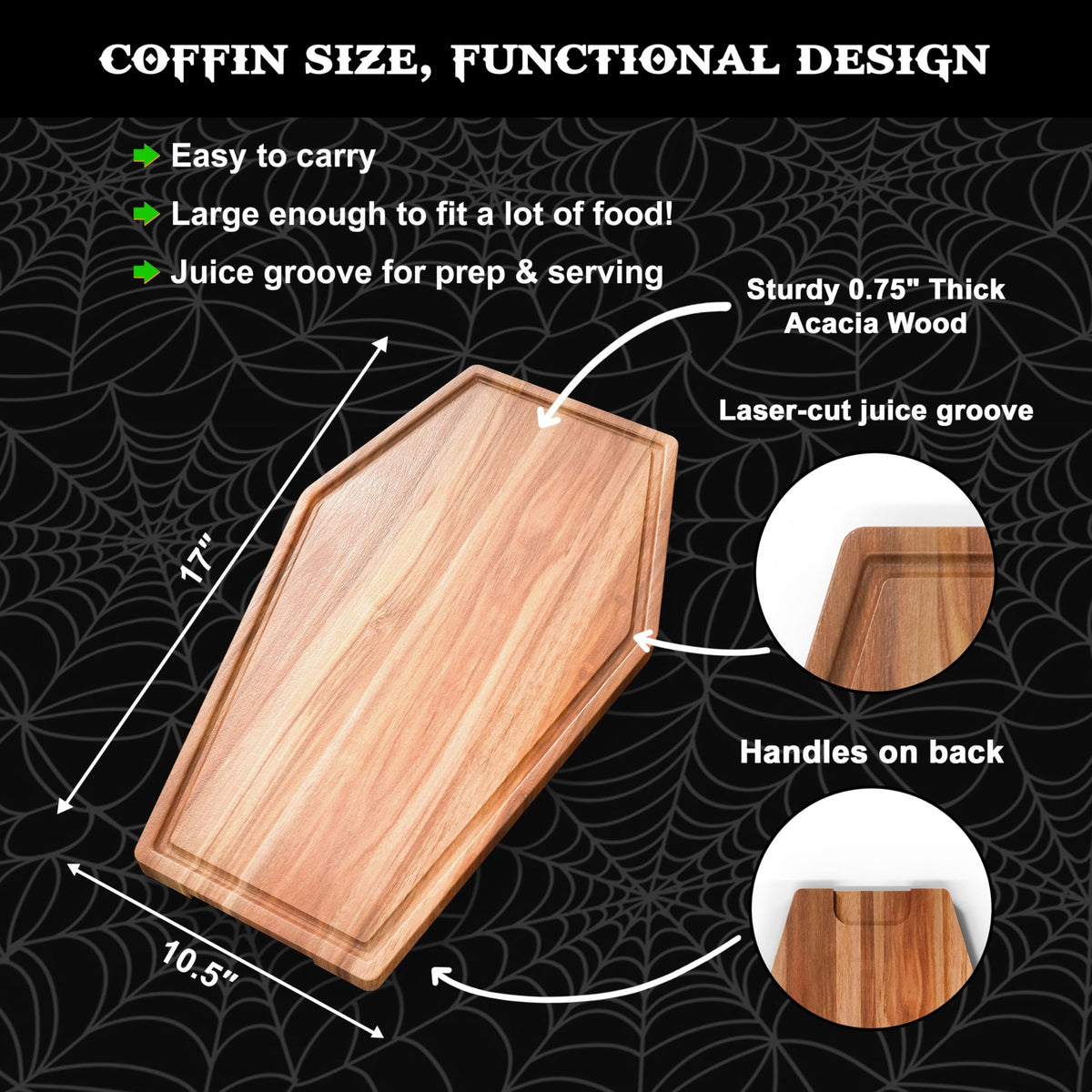 Large Coffin Charcuterie Board - Gothic Acacia Wood Coffin Shaped Cutting Board 17x10.5inch, Halloween Wooden Serving Tray, Goth Platter, Spooky Decor Gifts