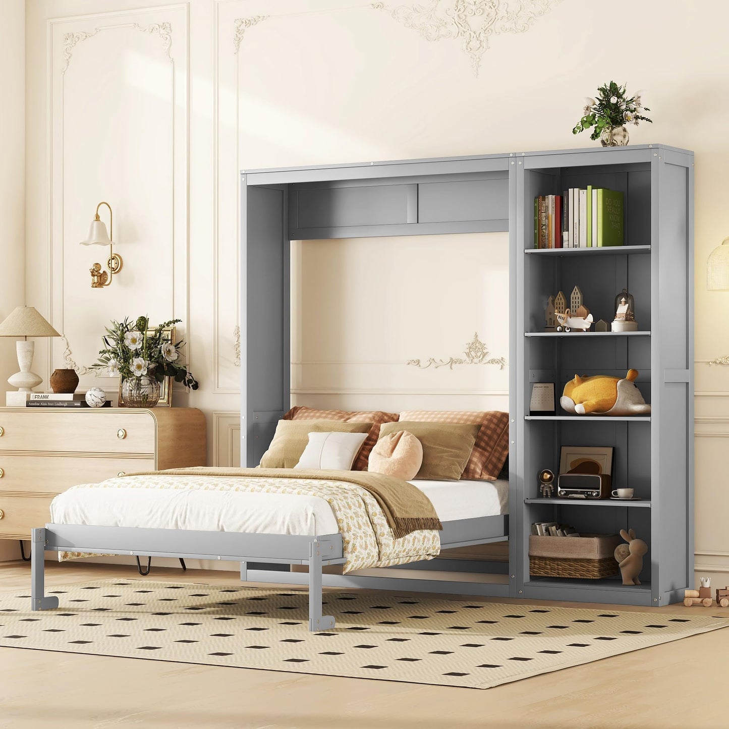 PacknWood Acosure Queen Size Murphy Five-Layer Cabinet,Solid Wood Storage Hidden Wall Beds Frame,W/Dual Piston Metal Folding Mechanism Designed,Space-Saving,for Home Office,Study,Guest Room,Gray