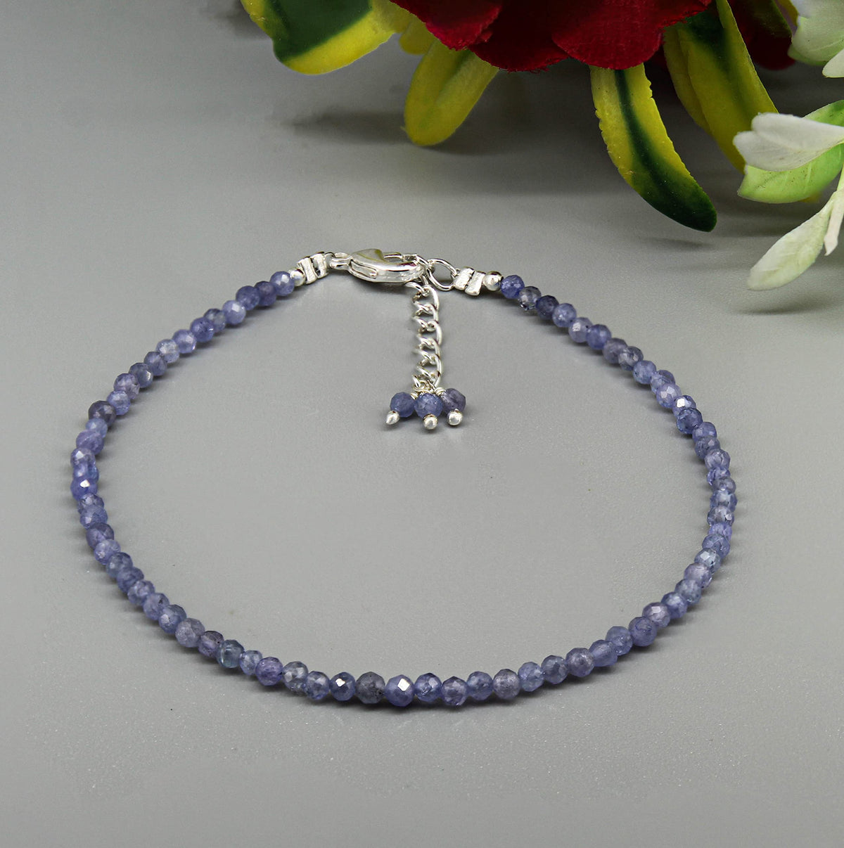 Gempires Handmade Tanzanite Gemstone Beaded Bracelet for Women | 2.4–2.5 mm Faceted Natural Stone | Adjustable 7+1 Inch Silver Plated Chain | Dainty Minimalist Stacking Jewelry | December Birthstone Gift