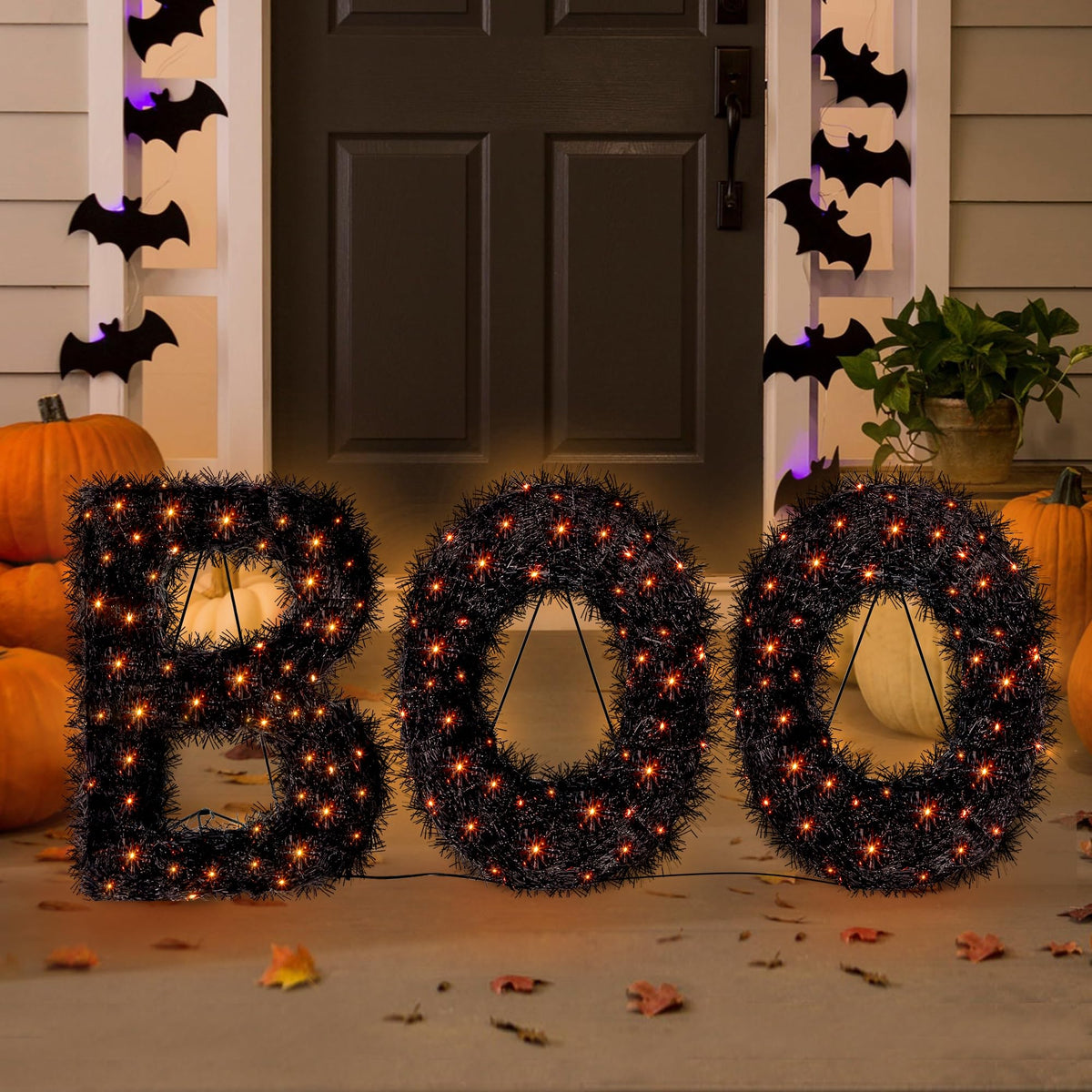 ATDAWN 3 Piece Outdoor Boo Sign Halloween Decoration, Lighted Boo Yard Display Set, Boo Yard Sign for Halloween Indoor Lawn Decor, Black & Orange