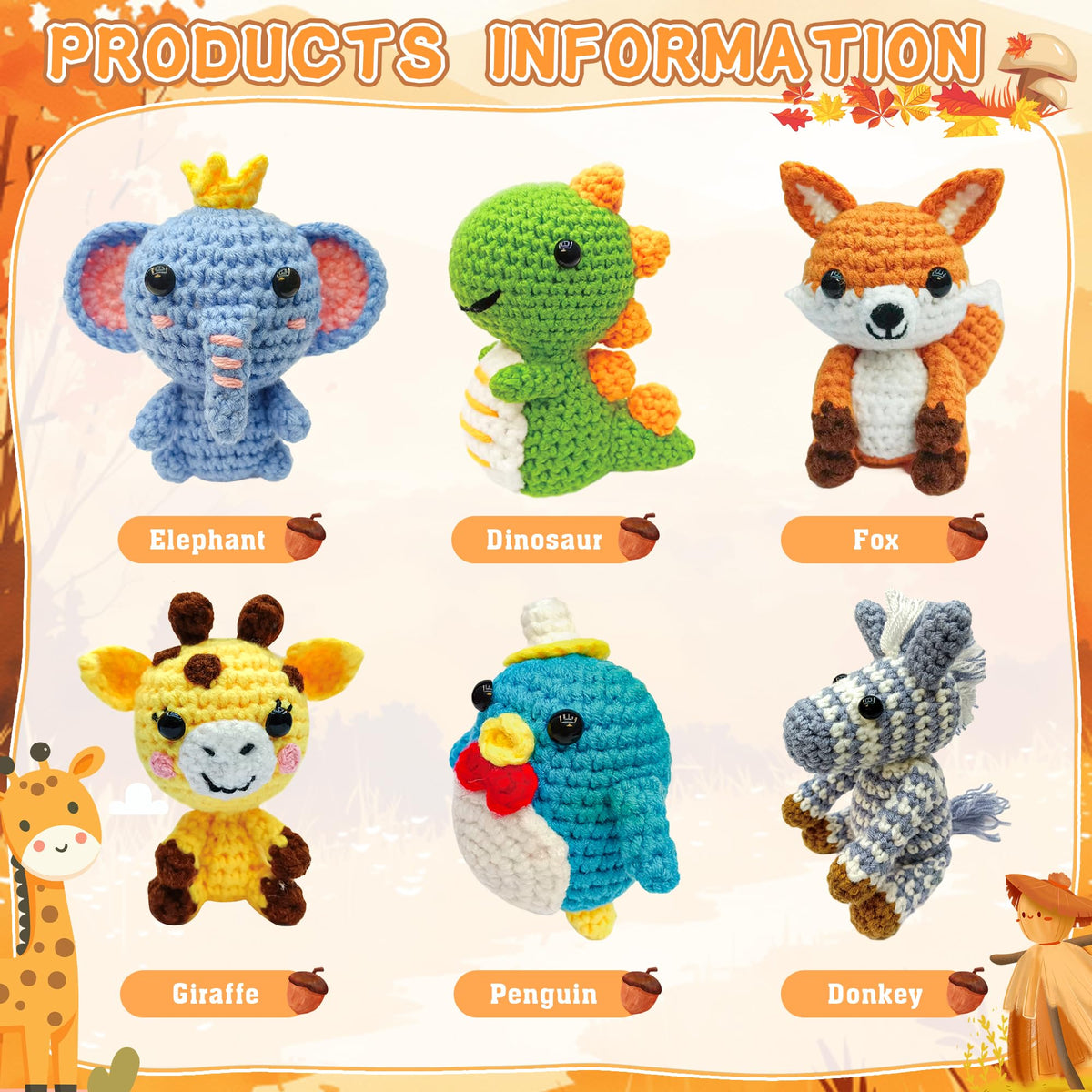 Asopetch 6Pcs Crochet Kit for Beginners, DIY Craft for Adults and Kids, Great Gife for Crochet Lovers, Crocheting Animal Kits with Step by Step Videos,Yarn,Crochet Hook,Birthday, Holiday Gift