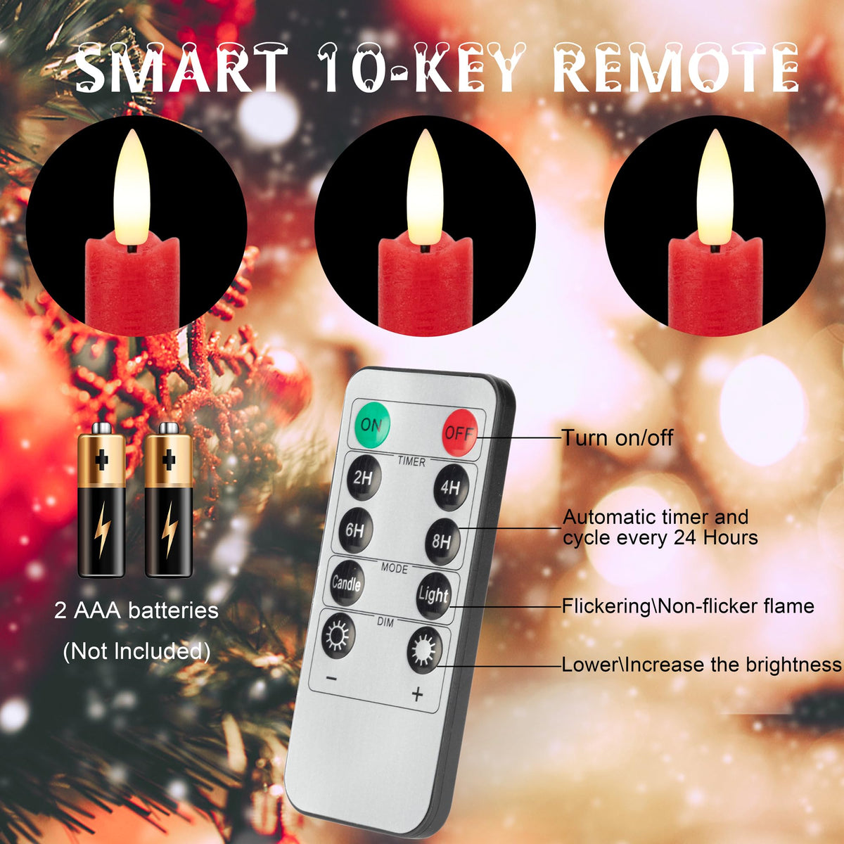 AFINETH Red Flameless Taper Candles with Rmote, 9.6" Real Wax Battery Operated Candles with 3D Wick, 6 Pack Flickering Led Candlesticks, Electric Candle for Home, Wedding, Party, Decor