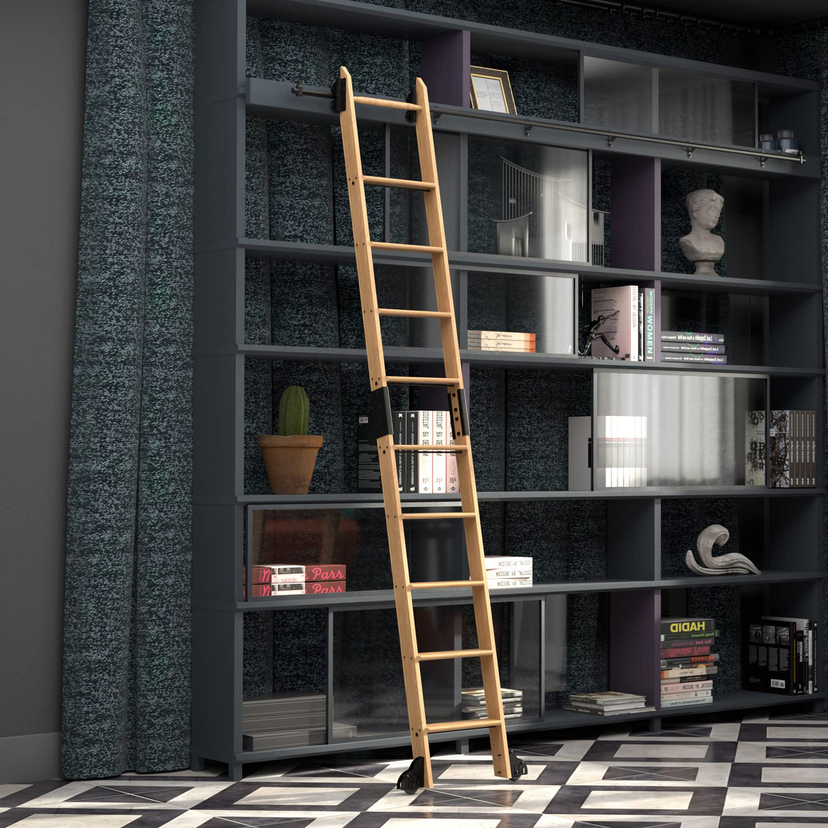 Quite Guide Library Ladder Kit Wooden Ladder 8 Foot 9 Foot 10 Foot Red Oak Unassembled (10 Foot)