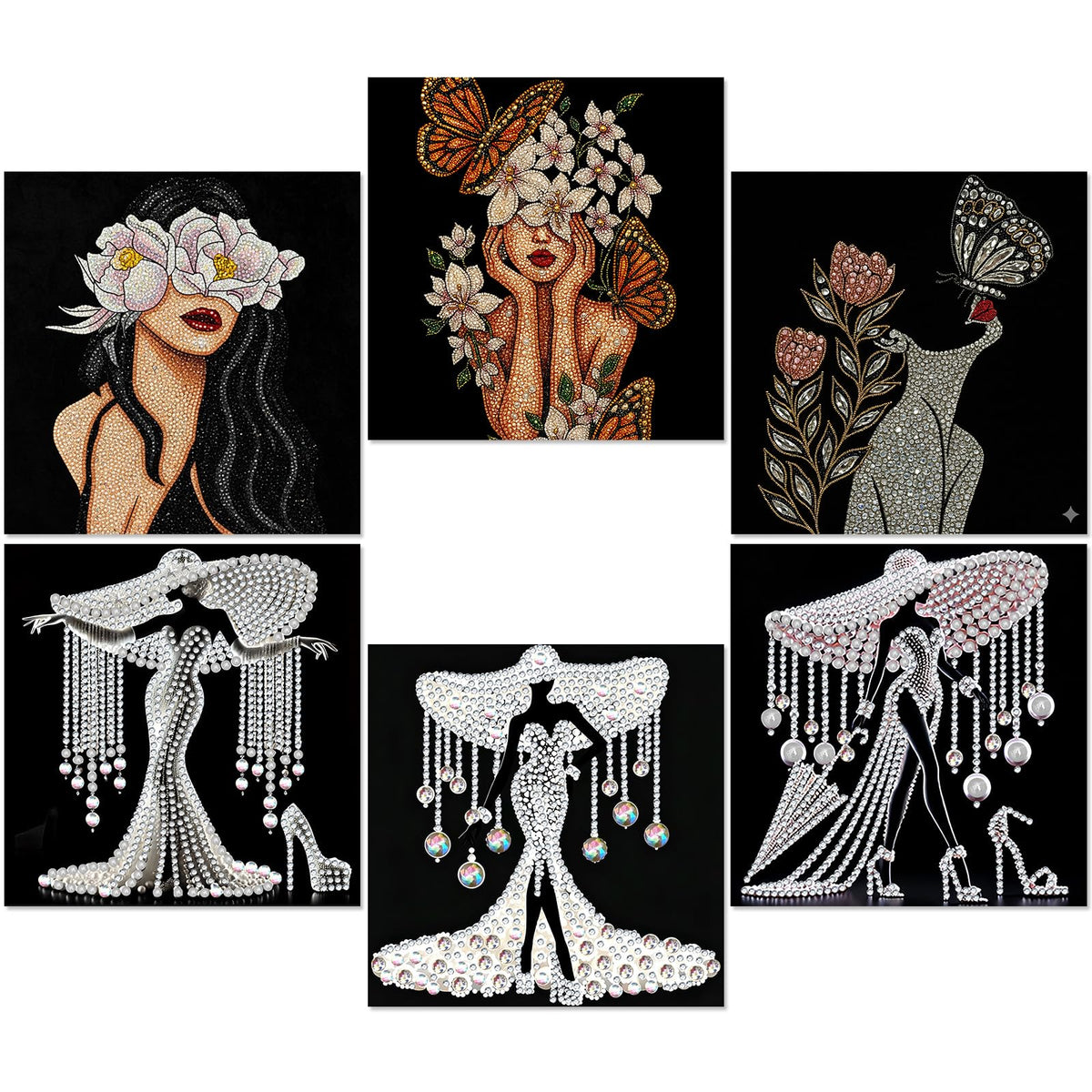 Jaloro 6 Pack 8 x 8 Inch 5d Crystal Diamond Painting Kits for Adults, Elegant Woman Butterfly Flower Diamond Art Kits, DIY Rhinestone Picture Sets for Beginner Artist Home Wall Decor Gifts, No Frame