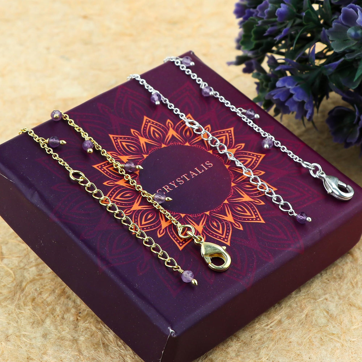 JOR Natural Amethyst Beaded Rosary Anklet, Handmade Craft, Anklet Beads Bracelet, Chakra Healing, Gemstone Women Jewelry, Dainty Gold and Silver Plated Combo Anklet 9 inch + 1.5 inch (2pcs)