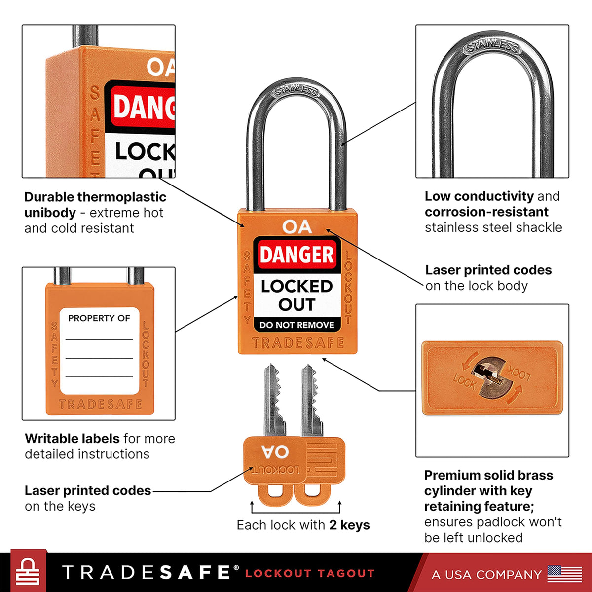 TRADESAFE Lockout Tagout Locks Set, 10 Orange Keyed Alike Unlimited Grouping Safety Padlocks, 2 Keys Per Lock, OSHA Compliant Loto Locks for Lock Out Tag Out Kits