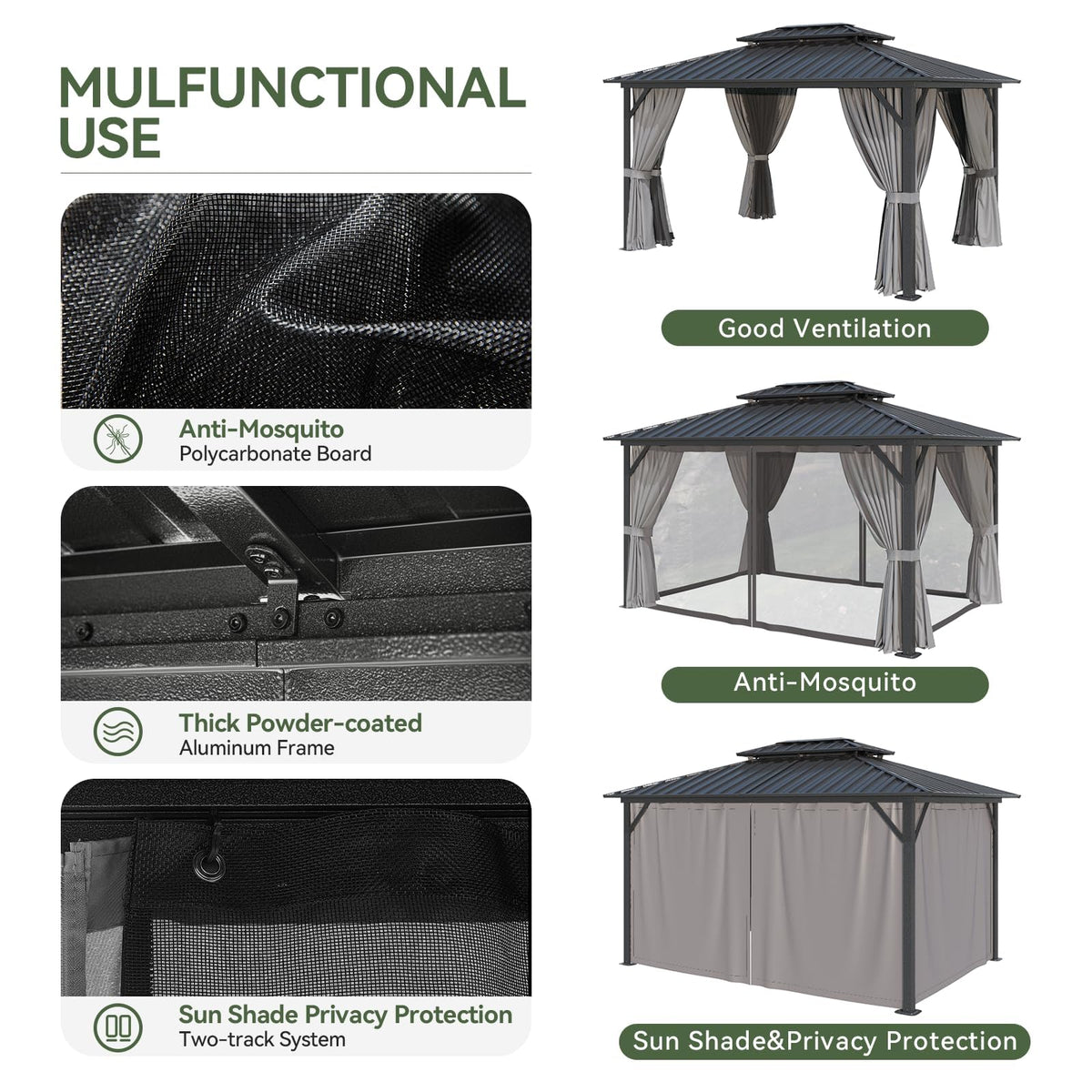 Aoxun 10'x12' Hardtop Gazebo, Aluminum Frame Canopy with Double Galvanized Steel Roof, Outdoor Metal Pavilion with Netting, and LED Outdoor Waterproof Hanging Lights