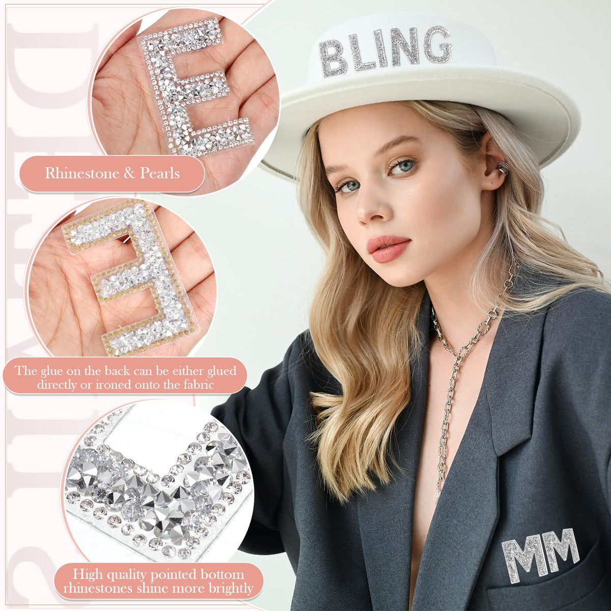 Waydress 26 Piece Rhinestone Iron On Patch A-Z Pearl Bling Rhinestone Letter Patch Glitter Alphabet Applique Rhinestone Pearl English Letter for DIY Craft Supplies(Silver, Solid Style)